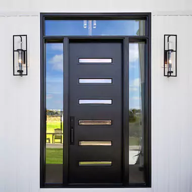 Modern black front entry door with sidelites and transom