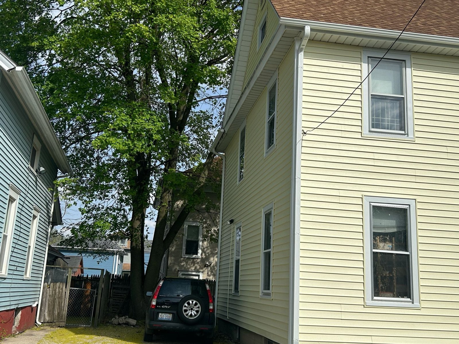 Narrow alley between blue and beige houses, with a large leafy tree overhead and a dark SUV parked in a driveway behind the beige house.