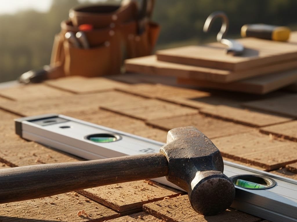 Close-up of a hammer and level on cedar shingles, symbolizing the continued quality standards of D-S Exteriors during the transition from Dan and Steve Fluett to Benjamin Ballinger