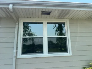 Double-hung window with white trim on beige siding; gutter and downspout on the left, reflecting trees outside under a blue sky.