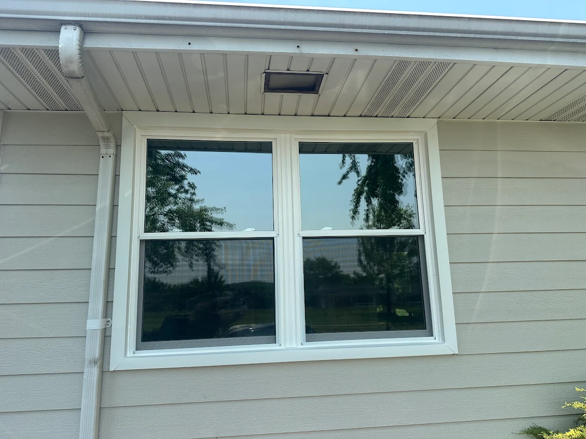 Double-hung window with white trim on beige siding; gutter and downspout on the left, reflecting trees outside under a blue sky.